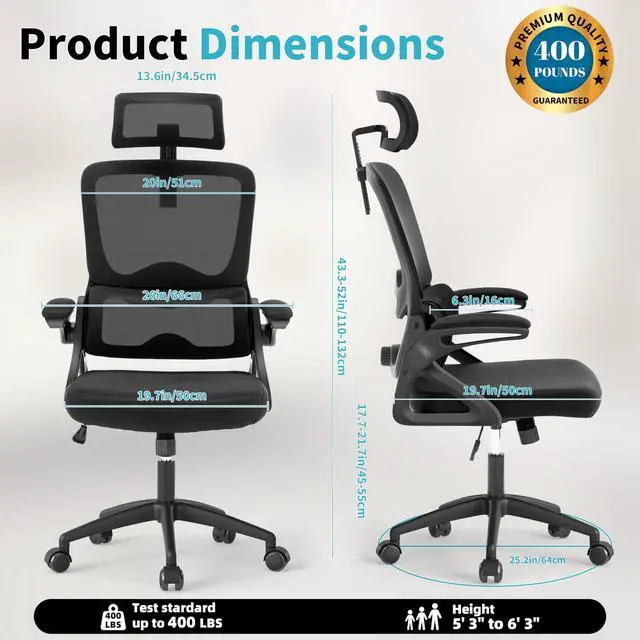 Alt view image 2 of 6 - Ergonomic Office Chair,Mesh Office Chair with Lumbar Support,High Back Desk Chair with Flip-up Arms,400 lbs Big and Tall Computer Chair with Headrest,Comfy Desk Chairs