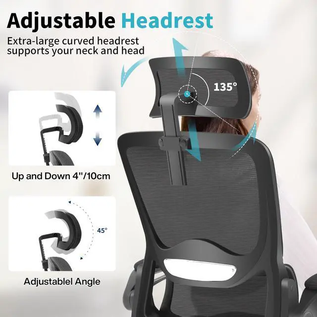 Alt view image 4 of 6 - Ergonomic Office Chair,Mesh Office Chair with Lumbar Support,High Back Desk Chair with Flip-up Arms,400 lbs Big and Tall Computer Chair with Headrest,Comfy Desk Chairs