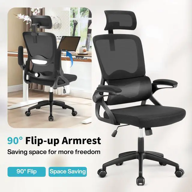 Alt view image 5 of 6 - Ergonomic Office Chair,Mesh Office Chair with Lumbar Support,High Back Desk Chair with Flip-up Arms,400 lbs Big and Tall Computer Chair with Headrest,Comfy Desk Chairs
