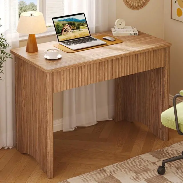 Main image of 40 Inch Fluted Wood Computer Desk with Drawers, Modern Home Office Desk, Compact Writing Desk, Laptop PC Desk for Bedroom, Studio, Study Room, Small Space & Dorm