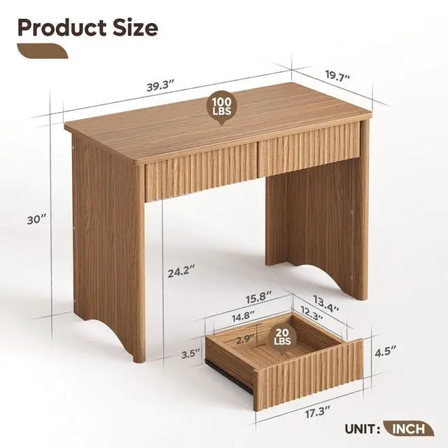 Alt view image 2 of 6 - 40 Inch Fluted Wood Computer Desk with Drawers, Modern Home Office Desk, Compact Writing Desk, Laptop PC Desk for Bedroom, Studio, Study Room, Small Space & Dorm