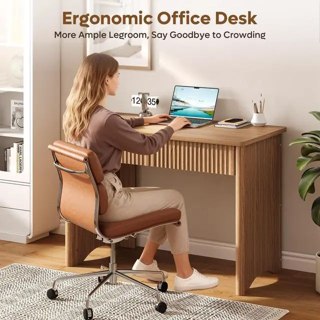 Alt view image 3 of 6 - 40 Inch Fluted Wood Computer Desk with Drawers, Modern Home Office Desk, Compact Writing Desk, Laptop PC Desk for Bedroom, Studio, Study Room, Small Space & Dorm