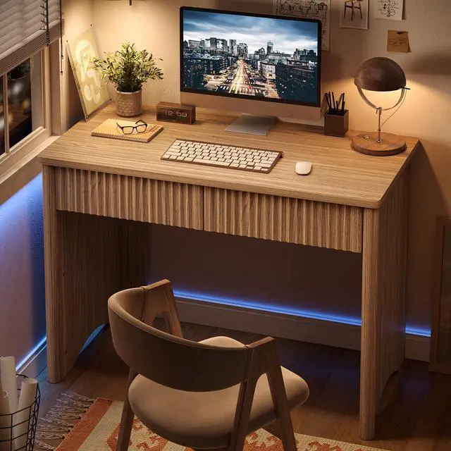 Alt view image 4 of 6 - 40 Inch Fluted Wood Computer Desk with Drawers, Modern Home Office Desk, Compact Writing Desk, Laptop PC Desk for Bedroom, Studio, Study Room, Small Space & Dorm