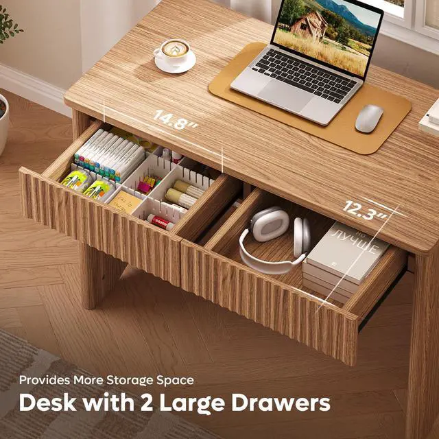 Alt view image 5 of 6 - 40 Inch Fluted Wood Computer Desk with Drawers, Modern Home Office Desk, Compact Writing Desk, Laptop PC Desk for Bedroom, Studio, Study Room, Small Space & Dorm