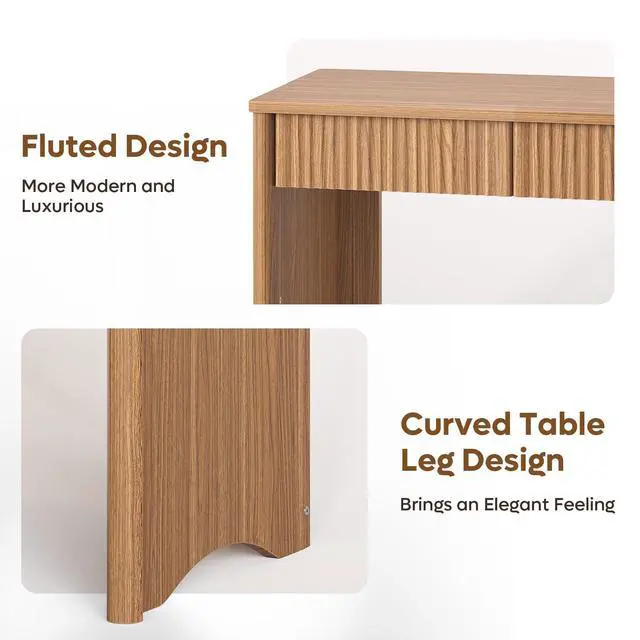 Alt view image 6 of 6 - 40 Inch Fluted Wood Computer Desk with Drawers, Modern Home Office Desk, Compact Writing Desk, Laptop PC Desk for Bedroom, Studio, Study Room, Small Space & Dorm