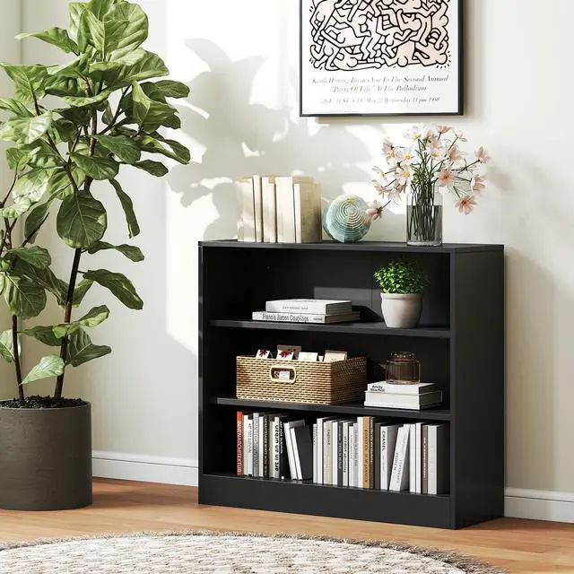 Alt view image 2 of 6 - Metal Bookshelf, 3-Tier Black Bookshelf with Adjustable Shelves, Office Shelves, Open Small Bookshelf for Small Places, 39.3" Wide Cabint Display Case for Home Office, Library, Living Room