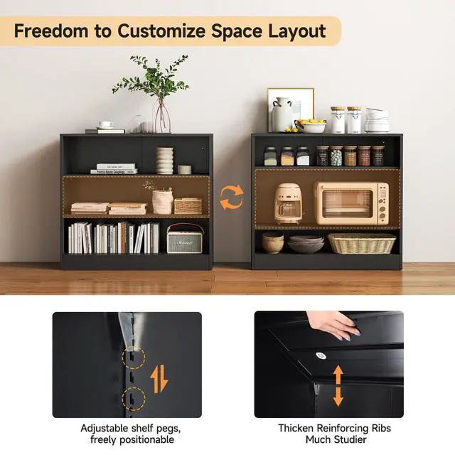 Alt view image 6 of 6 - Metal Bookshelf, 3-Tier Black Bookshelf with Adjustable Shelves, Office Shelves, Open Small Bookshelf for Small Places, 39.3" Wide Cabint Display Case for Home Office, Library, Living Room