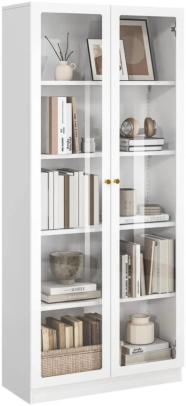 Main image of Modern Bookshelf with Doors and Shelves, 70.87" H Metal Bookshelf, Tall Bookcase, 5-Tier Curio Cabinet for Collectibles, White Storage Cabinet Display Case for Home Office, Living Room, School