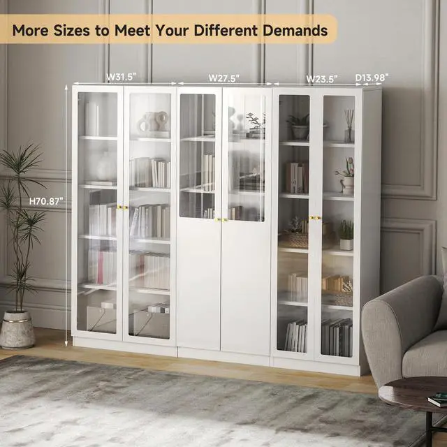 Alt view image 2 of 6 - Modern Bookshelf with Doors and Shelves, 70.87" H Metal Bookshelf, Tall Bookcase, 5-Tier Curio Cabinet for Collectibles, White Storage Cabinet Display Case for Home Office, Living Room, School