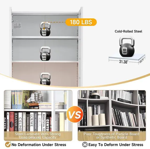 Alt view image 3 of 6 - Modern Bookshelf with Doors and Shelves, 70.87" H Metal Bookshelf, Tall Bookcase, 5-Tier Curio Cabinet for Collectibles, White Storage Cabinet Display Case for Home Office, Living Room, School