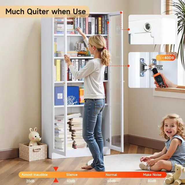 Alt view image 4 of 6 - Modern Bookshelf with Doors and Shelves, 70.87" H Metal Bookshelf, Tall Bookcase, 5-Tier Curio Cabinet for Collectibles, White Storage Cabinet Display Case for Home Office, Living Room, School