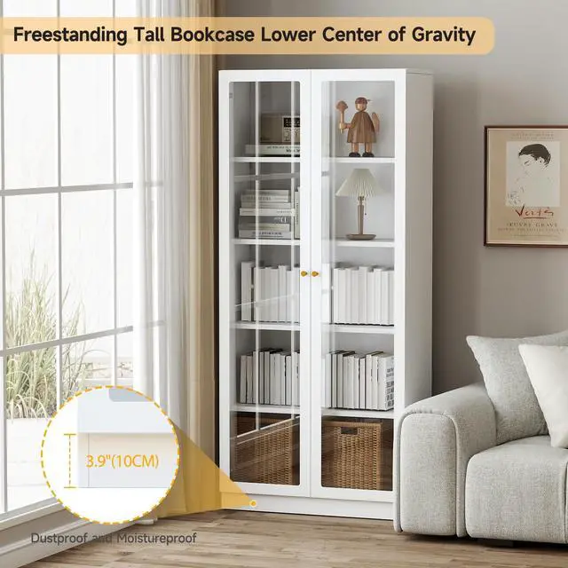 Alt view image 5 of 6 - Modern Bookshelf with Doors and Shelves, 70.87" H Metal Bookshelf, Tall Bookcase, 5-Tier Curio Cabinet for Collectibles, White Storage Cabinet Display Case for Home Office, Living Room, School