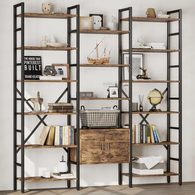 Main image of 70x78 Triple 6 Tier Book Shelf, Industrial Large Bookcase with Storage Cabinet, Tall Bookshelf with 16 Open Display Shelves Metal Frame Furniture for Living Room Bedroom Home Office Brown
