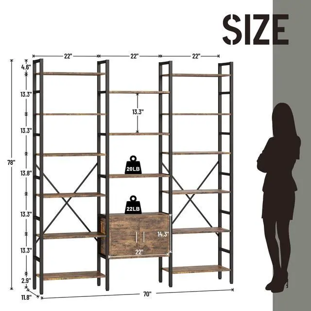Alt view image 2 of 6 - 70x78 Triple 6 Tier Book Shelf, Industrial Large Bookcase with Storage Cabinet, Tall Bookshelf with 16 Open Display Shelves Metal Frame Furniture for Living Room Bedroom Home Office Brown