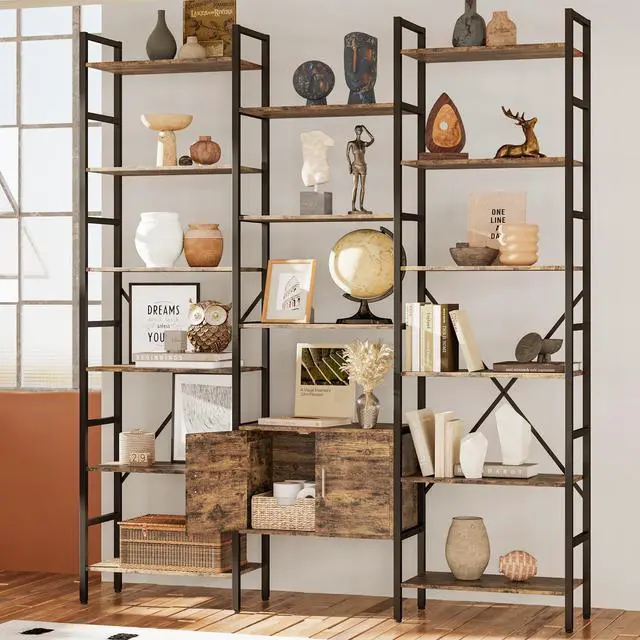 Alt view image 3 of 6 - 70x78 Triple 6 Tier Book Shelf, Industrial Large Bookcase with Storage Cabinet, Tall Bookshelf with 16 Open Display Shelves Metal Frame Furniture for Living Room Bedroom Home Office Brown