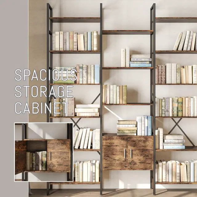 Alt view image 4 of 6 - 70x78 Triple 6 Tier Book Shelf, Industrial Large Bookcase with Storage Cabinet, Tall Bookshelf with 16 Open Display Shelves Metal Frame Furniture for Living Room Bedroom Home Office Brown