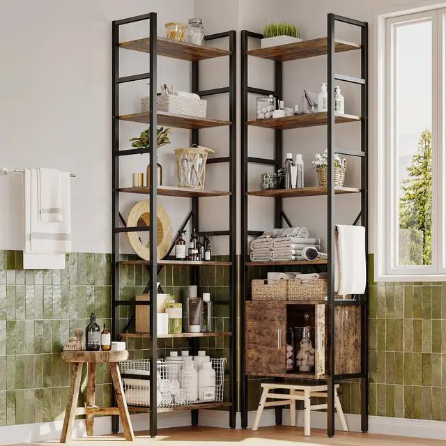 Alt view image 5 of 6 - 70x78 Triple 6 Tier Book Shelf, Industrial Large Bookcase with Storage Cabinet, Tall Bookshelf with 16 Open Display Shelves Metal Frame Furniture for Living Room Bedroom Home Office Brown