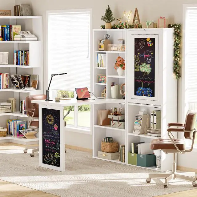 Alt view image 2 of 6 - Small Folding Desk with Outlets, Convertible Writing Desk for Small Spaces/Home Office/Craft Room, Multi-Function Desk Workstation with Blackboard, Fold-Out Cabinet Table, White