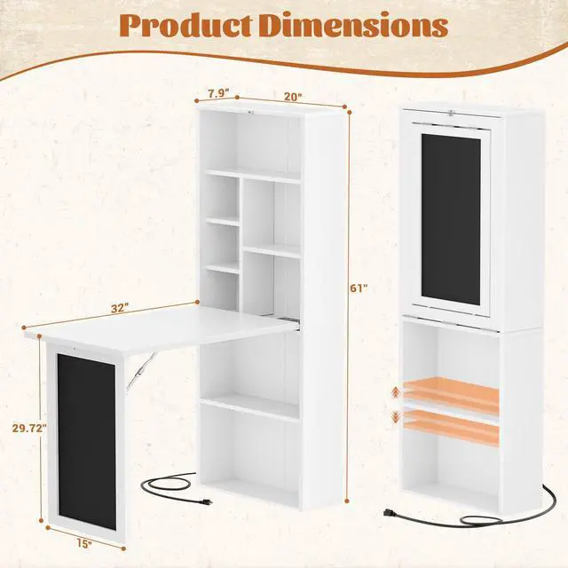Alt view image 3 of 6 - Small Folding Desk with Outlets, Convertible Writing Desk for Small Spaces/Home Office/Craft Room, Multi-Function Desk Workstation with Blackboard, Fold-Out Cabinet Table, White