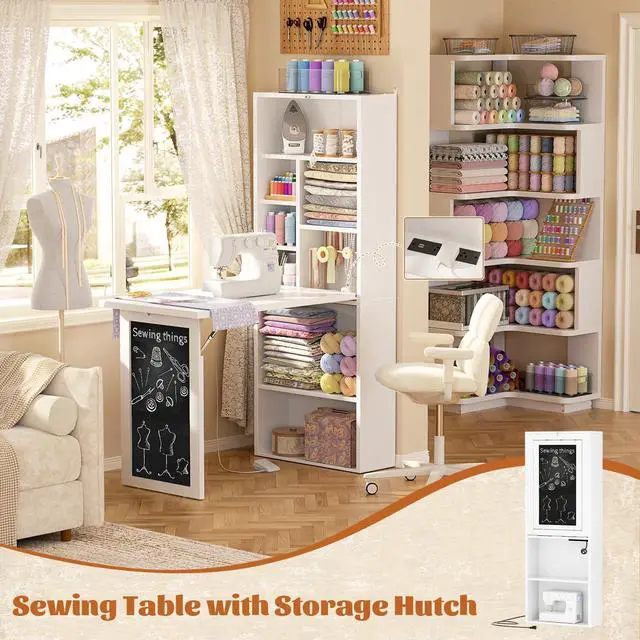 Alt view image 5 of 6 - Small Folding Desk with Outlets, Convertible Writing Desk for Small Spaces/Home Office/Craft Room, Multi-Function Desk Workstation with Blackboard, Fold-Out Cabinet Table, White