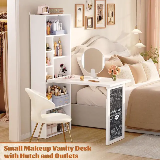 Alt view image 6 of 6 - Small Folding Desk with Outlets, Convertible Writing Desk for Small Spaces/Home Office/Craft Room, Multi-Function Desk Workstation with Blackboard, Fold-Out Cabinet Table, White