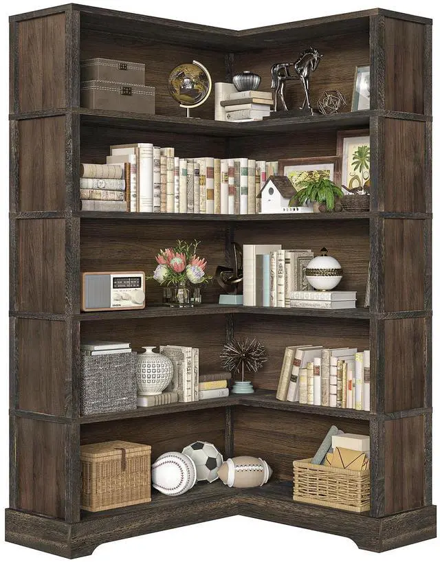 Main image of Wood Corner Book Shelf, 5 Tier 65 Inch Tall Bookshelf with Storage, Floor Standing Display Book Shelf for Living Room, Kitchen, Home Office, Walnut
