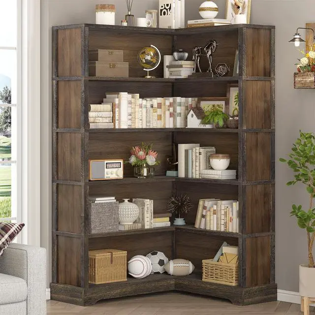 Alt view image 2 of 6 - Wood Corner Book Shelf, 5 Tier 65 Inch Tall Bookshelf with Storage, Floor Standing Display Book Shelf for Living Room, Kitchen, Home Office, Walnut