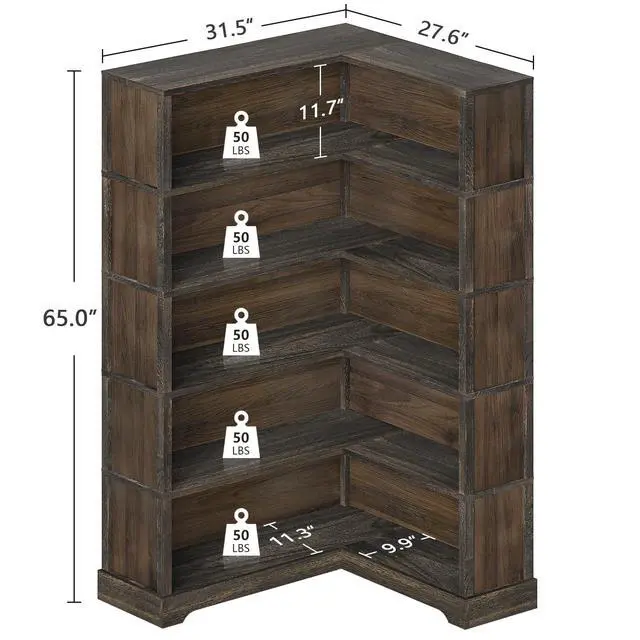 Alt view image 3 of 6 - Wood Corner Book Shelf, 5 Tier 65 Inch Tall Bookshelf with Storage, Floor Standing Display Book Shelf for Living Room, Kitchen, Home Office, Walnut