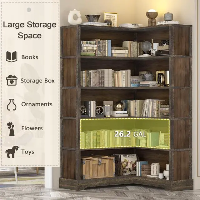 Alt view image 4 of 6 - Wood Corner Book Shelf, 5 Tier 65 Inch Tall Bookshelf with Storage, Floor Standing Display Book Shelf for Living Room, Kitchen, Home Office, Walnut