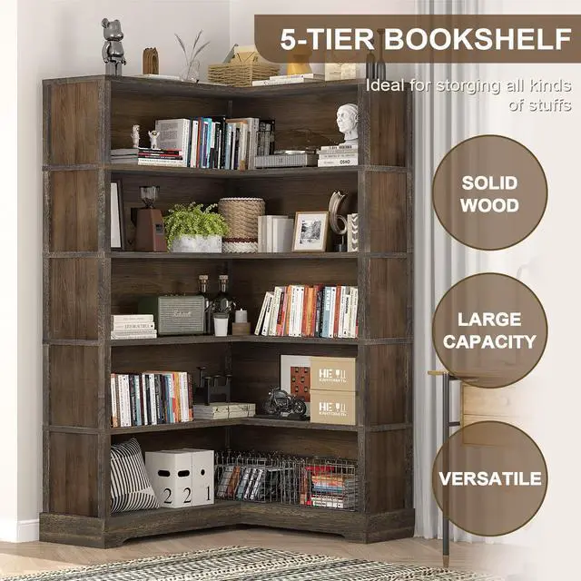 Alt view image 5 of 6 - Wood Corner Book Shelf, 5 Tier 65 Inch Tall Bookshelf with Storage, Floor Standing Display Book Shelf for Living Room, Kitchen, Home Office, Walnut