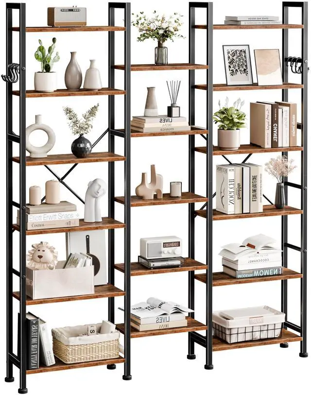 Main image of Triple Column 6 Tier Bookshelf, Large Bookcase with 17 Display Shelves, Wide Book Shelf with 6 Hooks, Adjustable Rustic Bookshelves Storage Organizer, Shelving Unit for Living Room, Office