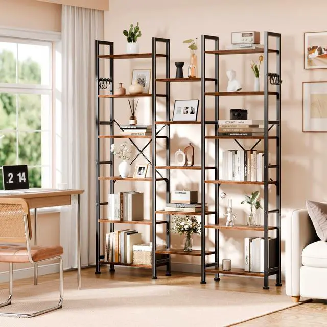 Alt view image 2 of 6 - Triple Column 6 Tier Bookshelf, Large Bookcase with 17 Display Shelves, Wide Book Shelf with 6 Hooks, Adjustable Rustic Bookshelves Storage Organizer, Shelving Unit for Living Room, Office