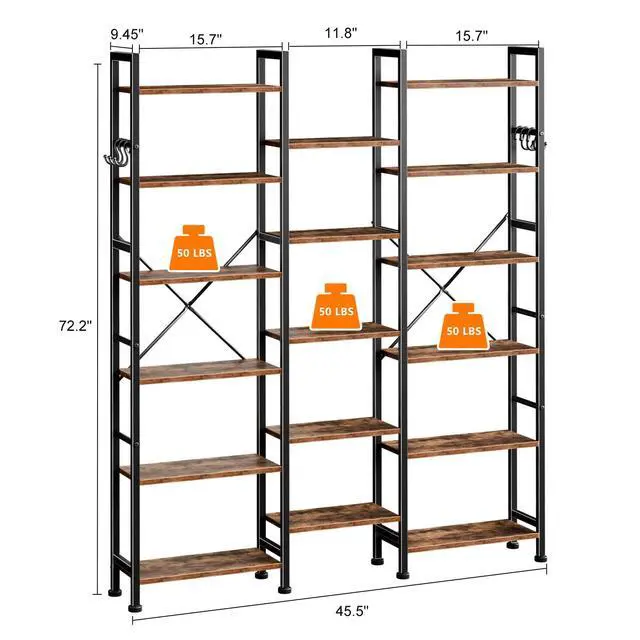 Alt view image 3 of 6 - Triple Column 6 Tier Bookshelf, Large Bookcase with 17 Display Shelves, Wide Book Shelf with 6 Hooks, Adjustable Rustic Bookshelves Storage Organizer, Shelving Unit for Living Room, Office