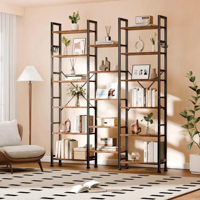 Alt view image 4 of 6 - Triple Column 6 Tier Bookshelf, Large Bookcase with 17 Display Shelves, Wide Book Shelf with 6 Hooks, Adjustable Rustic Bookshelves Storage Organizer, Shelving Unit for Living Room, Office