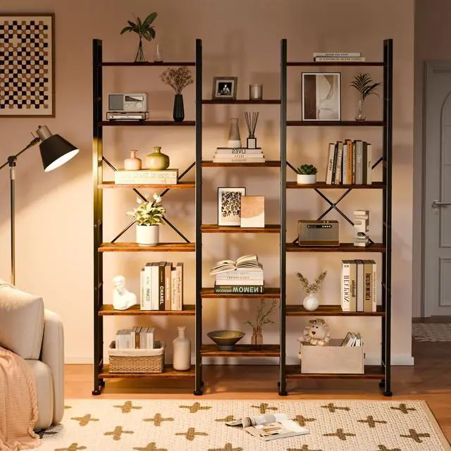 Alt view image 6 of 6 - Triple Column 6 Tier Bookshelf, Large Bookcase with 17 Display Shelves, Wide Book Shelf with 6 Hooks, Adjustable Rustic Bookshelves Storage Organizer, Shelving Unit for Living Room, Office