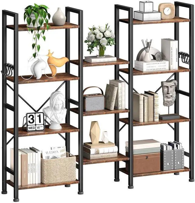 Main image of Triple 4 Tier Bookshelf, Bookcase with 11 Open Display Shelves, Large Book Shelf with 6 Hooks, Rustic Bookshelves Storage Organizer, Decorative Shelving Unit for Living Room, Home Office