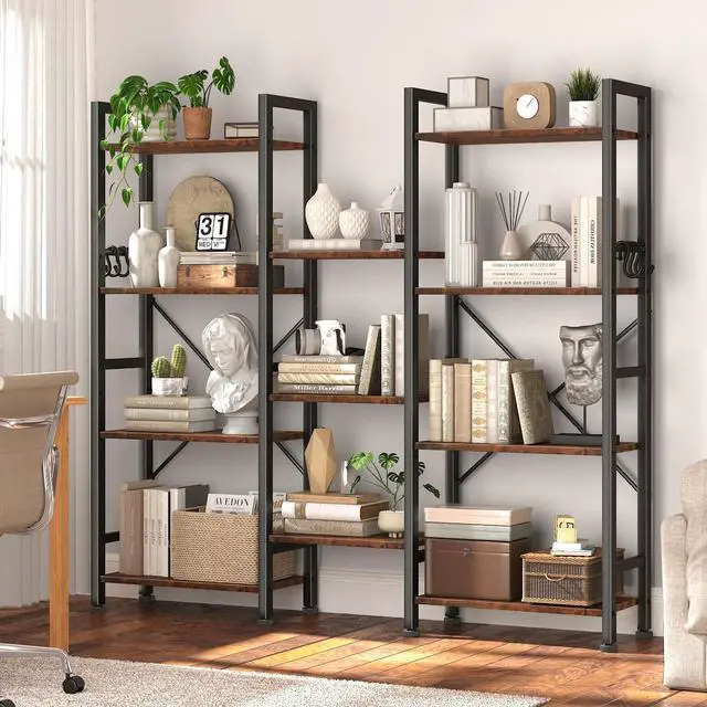 Alt view image 2 of 6 - Triple 4 Tier Bookshelf, Bookcase with 11 Open Display Shelves, Large Book Shelf with 6 Hooks, Rustic Bookshelves Storage Organizer, Decorative Shelving Unit for Living Room, Home Office