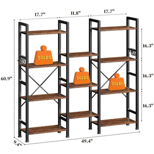 Alt view image 3 of 6 - Triple 4 Tier Bookshelf, Bookcase with 11 Open Display Shelves, Large Book Shelf with 6 Hooks, Rustic Bookshelves Storage Organizer, Decorative Shelving Unit for Living Room, Home Office