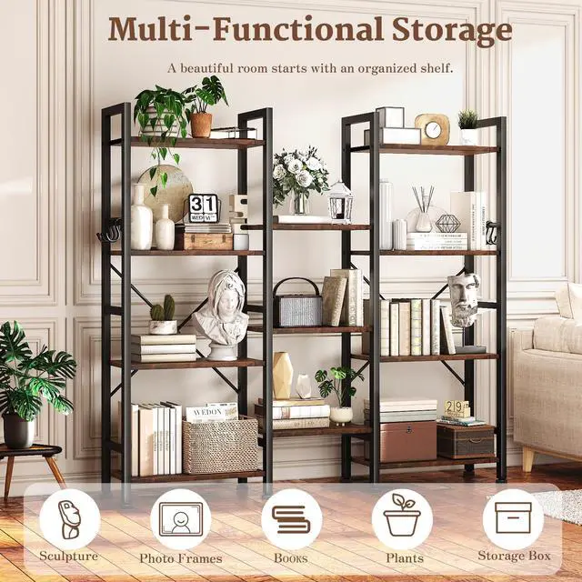 Alt view image 4 of 6 - Triple 4 Tier Bookshelf, Bookcase with 11 Open Display Shelves, Large Book Shelf with 6 Hooks, Rustic Bookshelves Storage Organizer, Decorative Shelving Unit for Living Room, Home Office