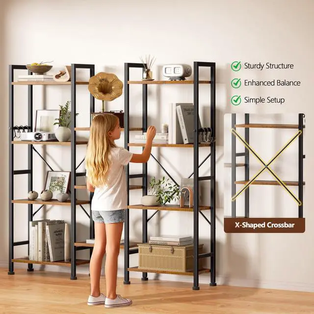 Alt view image 5 of 6 - Triple 4 Tier Bookshelf, Bookcase with 11 Open Display Shelves, Large Book Shelf with 6 Hooks, Rustic Bookshelves Storage Organizer, Decorative Shelving Unit for Living Room, Home Office