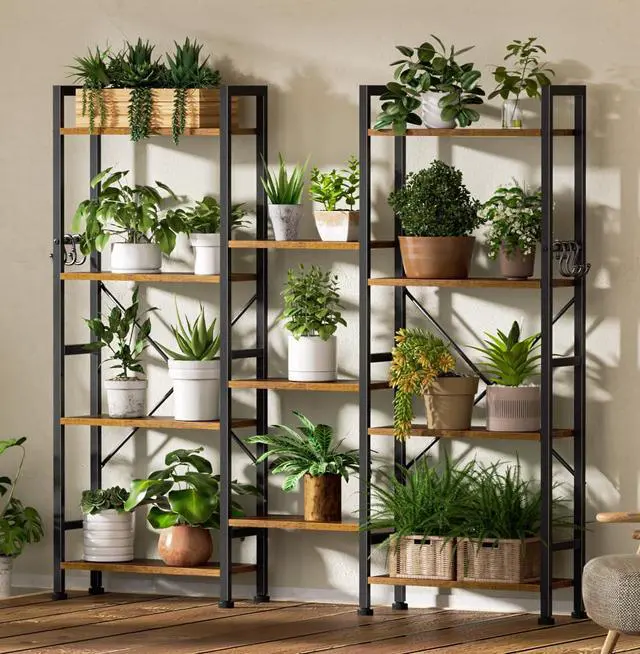 Alt view image 6 of 6 - Triple 4 Tier Bookshelf, Bookcase with 11 Open Display Shelves, Large Book Shelf with 6 Hooks, Rustic Bookshelves Storage Organizer, Decorative Shelving Unit for Living Room, Home Office