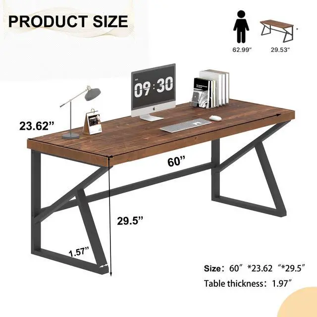 Alt view image 2 of 6 - 60 Inch Solid Wood Computer Office Desk Small Writing Desks for Home | Minimalist Large Rustic Real Natural Wood Table for Home Office Industrial PC Gaming Computer Workstation