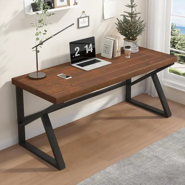 Alt view image 6 of 6 - 60 Inch Solid Wood Computer Office Desk Small Writing Desks for Home | Minimalist Large Rustic Real Natural Wood Table for Home Office Industrial PC Gaming Computer Workstation