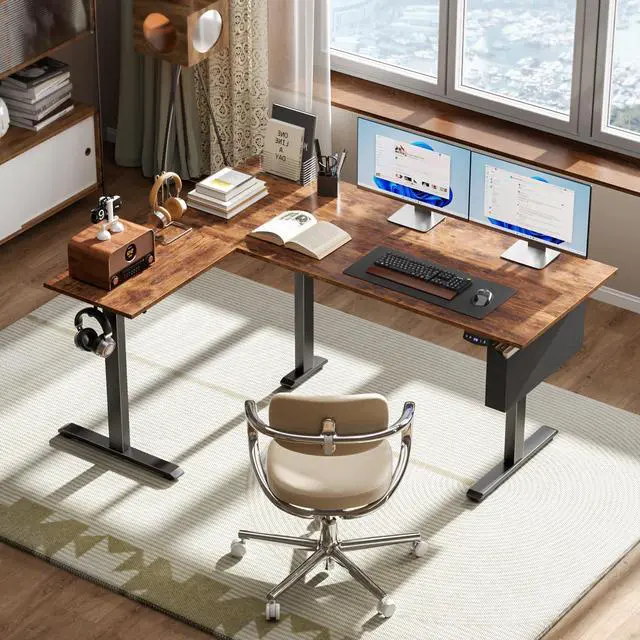 Alt view image 2 of 6 - L Shaped Electric Standing Desk,63 Inch Adjustable Height Sit to Stand Corner Desk with Memory Presets, Reversible Computer Table for Home Office, Work and Study, Rustic Brown