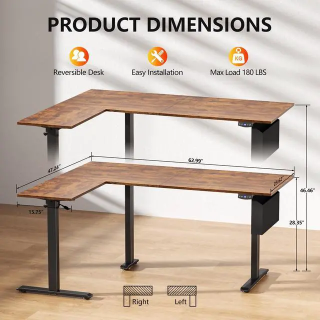 Alt view image 3 of 6 - L Shaped Electric Standing Desk,63 Inch Adjustable Height Sit to Stand Corner Desk with Memory Presets, Reversible Computer Table for Home Office, Work and Study, Rustic Brown