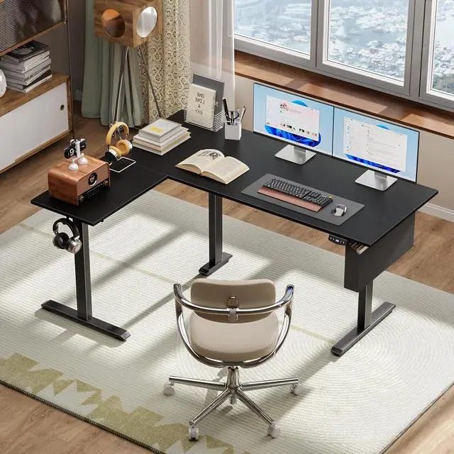 Alt view image 2 of 6 - L Shaped Electric Standing Desk,63 Inch Adjustable Height Sit to Stand Corner Desk with Memory Presets, Reversible Computer Table for Home Office, Work and Study, Black