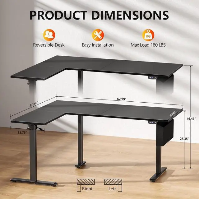 Alt view image 3 of 6 - L Shaped Electric Standing Desk,63 Inch Adjustable Height Sit to Stand Corner Desk with Memory Presets, Reversible Computer Table for Home Office, Work and Study, Black