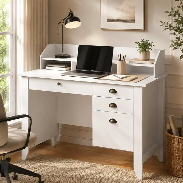 Main image of White Desk with Drawers, 47'' Small Desk with File Drawer for Small Spaces, Wood Computer Desk with Monitor Stand for Home Office, Bedroom, White