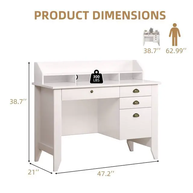 Alt view image 2 of 6 - White Desk with Drawers, 47'' Small Desk with File Drawer for Small Spaces, Wood Computer Desk with Monitor Stand for Home Office, Bedroom, White