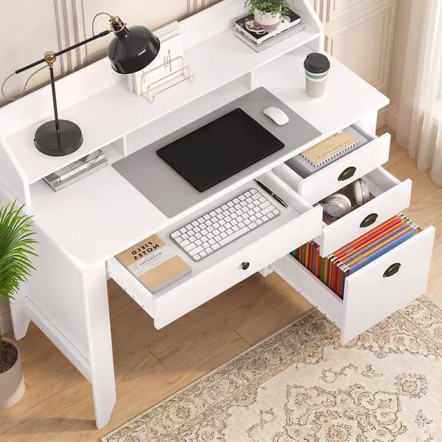 Alt view image 3 of 6 - White Desk with Drawers, 47'' Small Desk with File Drawer for Small Spaces, Wood Computer Desk with Monitor Stand for Home Office, Bedroom, White